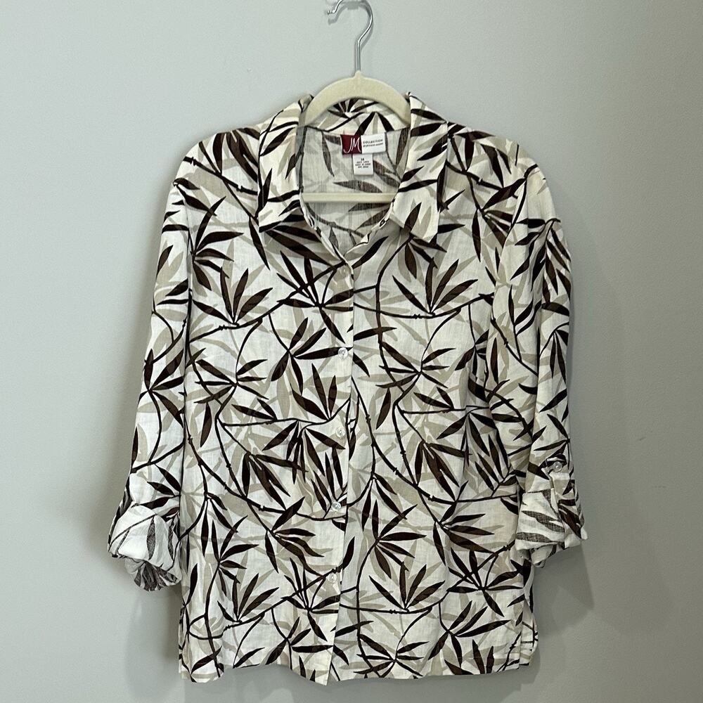 JM Collection 100% Linen Brown White Button Up Blouse Vacation Workwear 14